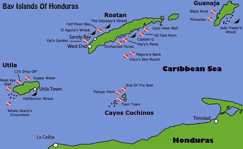 Honduras_Bay_Islands-Roatan-Utila-Guanaja-Cayos_cochinos.jpg - Honduras and the Bay Islands - Roatan is the largest of the islands.  We docked in the southwestern part of Roatan.  LINK: https://maps.google.com/maps?q=roatan+honduras&ie=UTF8&ll=16.318821,-86.541195&spn=0.104119,0.15604&hnear=Roat%C3%A1n&gl=us&t=m&z=13
