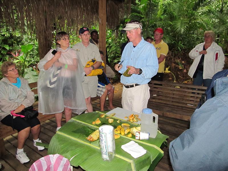 IMG_0789.JPG - Roatan Island, Honduras - Carambola Gardens. Owner, Bill Brady, is cutting up fresh pineapple and cantelope, grown on his property.  Nothing like fresh, native fruit!